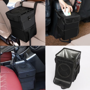 Car Trash Can with Lid with Storage Pockets Collapsible