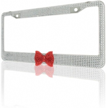 Bling License Plate Cover Frame  2 Pack Crystal with Red Ribbon Bow