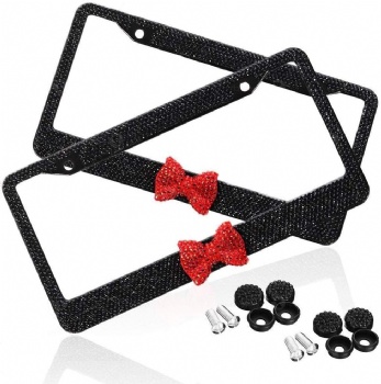 Bling License Plate Cover Frame 2 Pack Crystal Black With Red Ribbon Bow