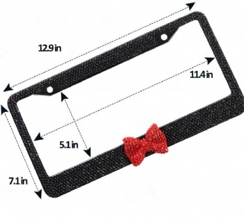 Bling License Plate Cover Frame 2 Pack Crystal Black With Red Ribbon Bow