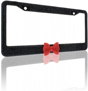 Bling License Plate Cover Frame 2 Pack Crystal Black With Red Ribbon Bow